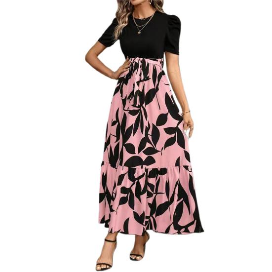 Летнее платье с круглым вырезом, коротким рукавом, высокой талией, длинное платье с принтом листьев и струящимся подолом, повседневная одежда