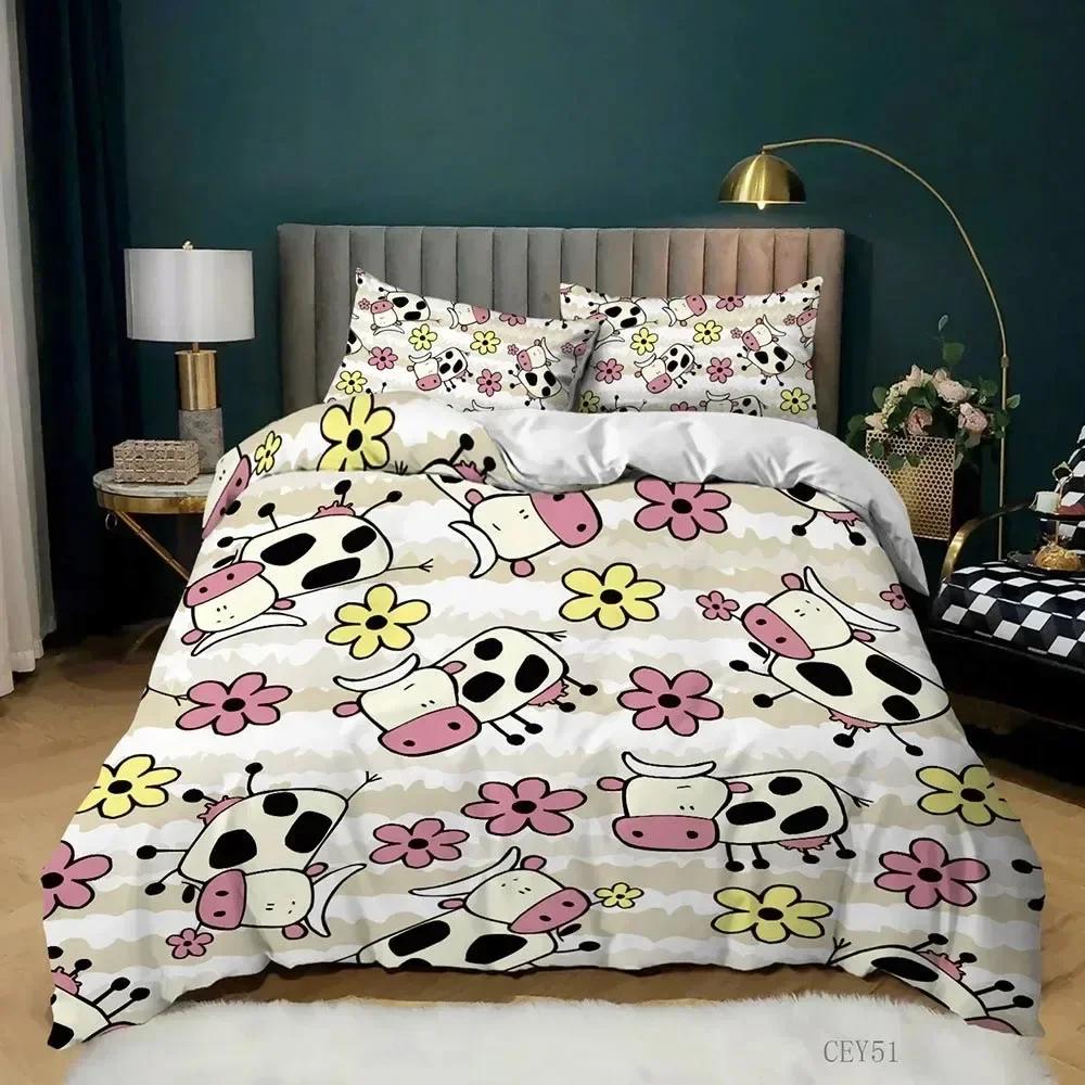 Top Milk Cow Duvet Cover King Queen Size Cute Cartoon Cows Bedding Set For Kids Farmhouse Rustic Animal Polyester Quilt Cover