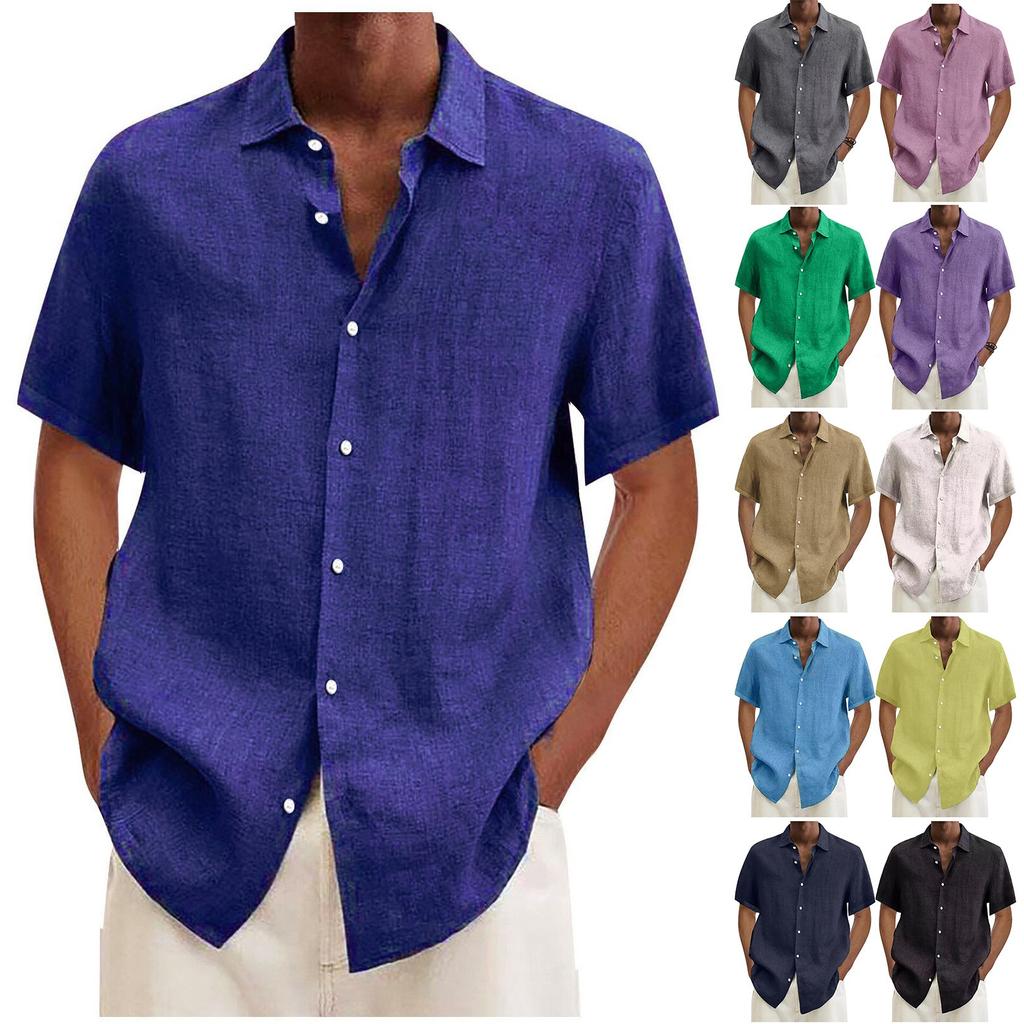 Designer Spring Summer Men's Casual Cotton Linen Solid Color Short Sleeve Shirts Loose Shirts