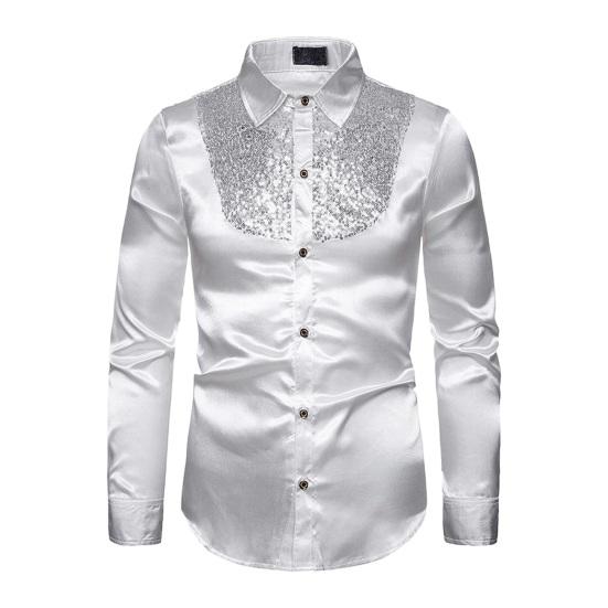 Мужская классическая рубашка с блестками, блестящая металлическая свадебная рубашка, рубашка на пуговицах с длинными рукавами и лацканами, однотонная приталенная рубашка, топы