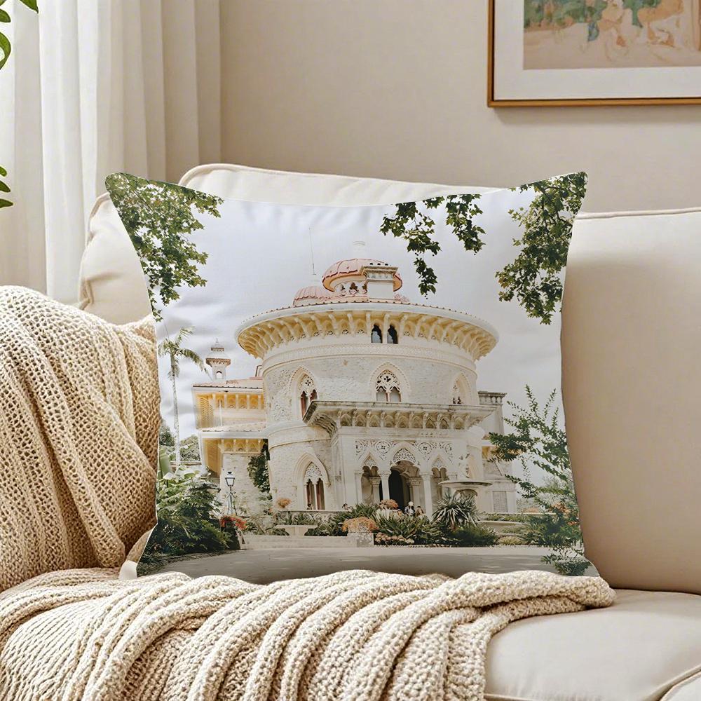Famous Coastal City Spanish Beach Island Architecture Art Cushion Cover Linen Pillowcase Soft  for Sofa Bed Home Room Decor