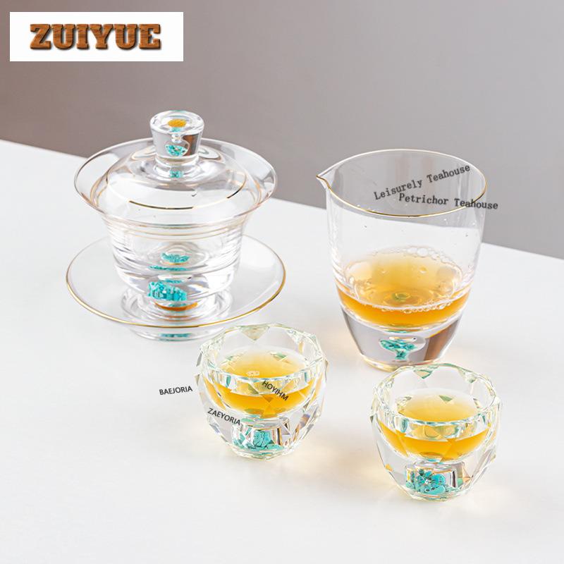 150ml Turquoise Crystal Glass Gaiwan Aesthetic Tea Tureen Tea Bowl With Lid Kit Tea Maker Cover Bowl Tableware Decoration Craft