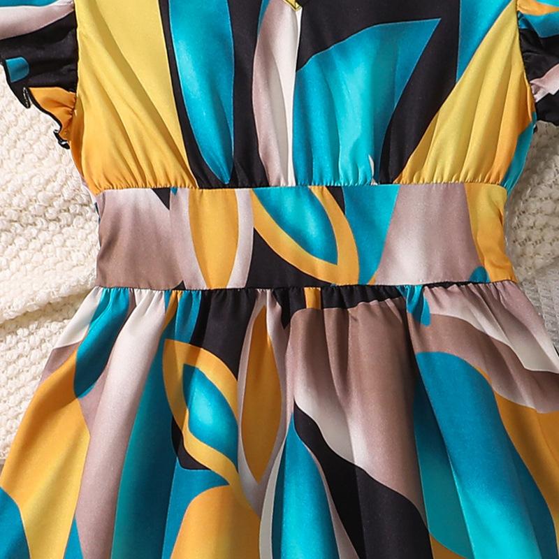 Girls' Fashion Dress 2025 Summer Children's Princess Print V-neck Short Sleeve Waist Dress