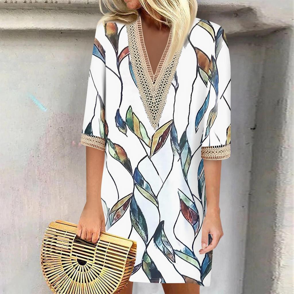 Летние платья для женщин, модное повседневное свободное кружевное платье с V-образным вырезом и рукавами 3/4 с принтом