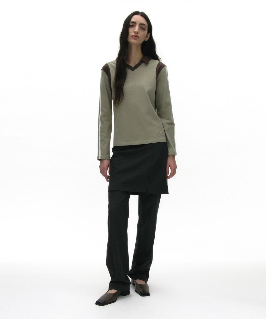 PARTIMENTO WOMEN Striped Colorblock Polo Tee_Light Khaki