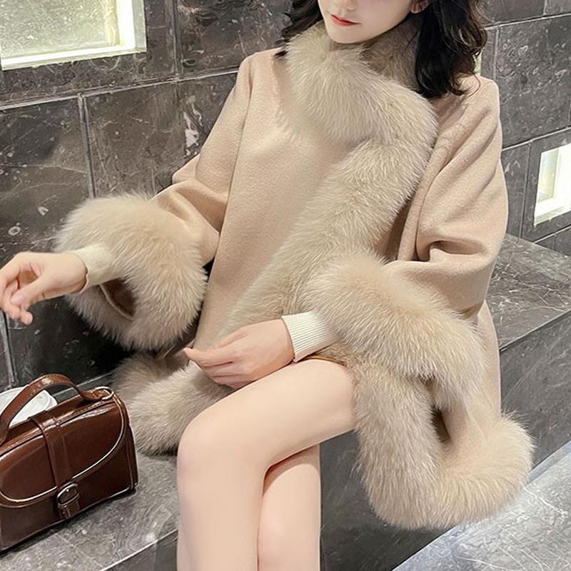 Зимнее теплое модное пончо, каппа, женское свободное пальто из искусственного лисьего меха с рукавами «летучая мышь», искусственный кашемир