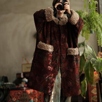 Женские вельветовые пальто с винтажным лоскутным принтом, цветочными пуговицами и карманами, зимние пальто в китайском стиле