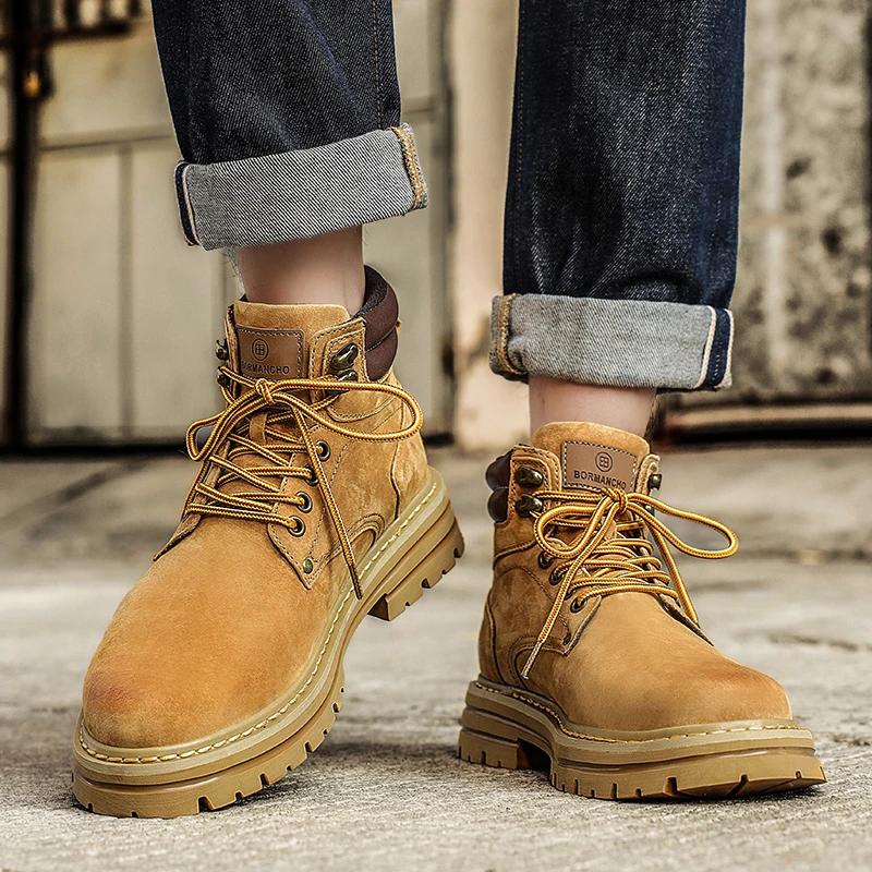 Fashion New Street Style Male Sneakers High Top Suede Leather Boots Fashion Motorcycle Ankle Boots for Men Lace-Up Leisure Walk Footwear