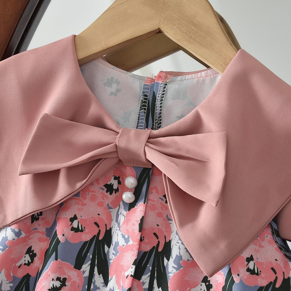 Girls Summer Sleeveless Dress With Collar And Bow Floral Print Sweet Princess Vest Dress For Kids