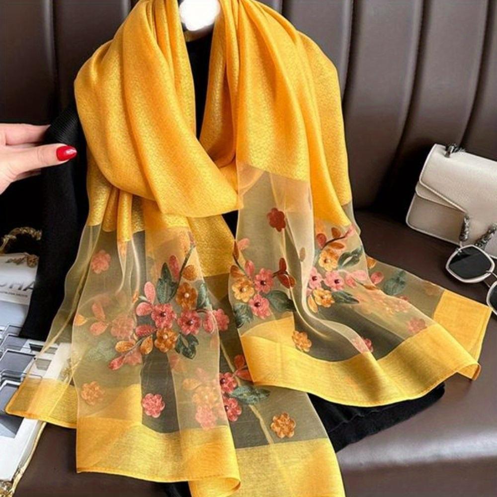 Элегантный шелковый шарф с цветочной вышивкой для женщин, стильная пляжная шаль с бисерной отделкой для защиты от солнца, богемный ветрозащитный маст-хэв