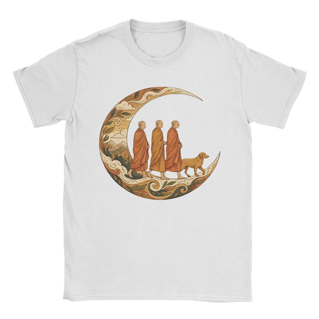 Walking for Peace Monks and Dog in a Crescent Moon Mens T Shirts Crazy Tee Shirt Short Sleeve TShirt Cotton Plus Size Clothes