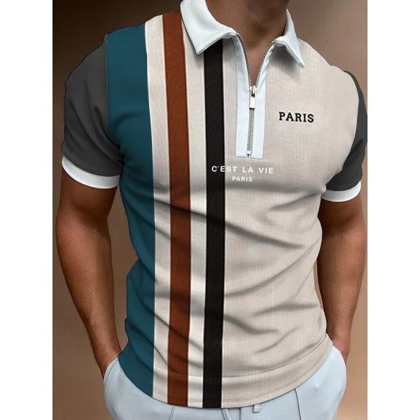 Trendy Short-sleeve Polo with Paisley Sleeves, Zip Placket and 'C'EST LA VIE' Print