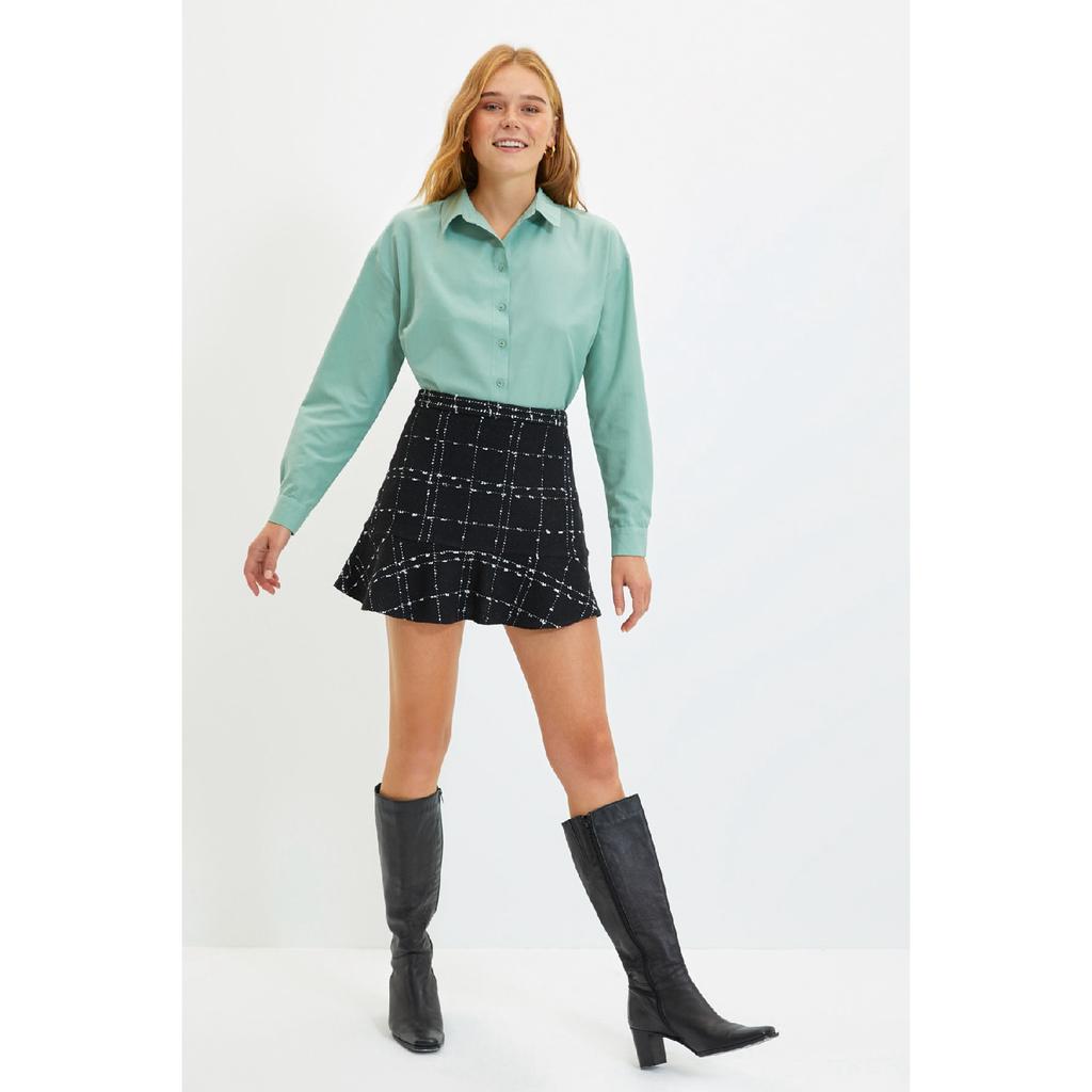 Black Flounced Tweed Fabric Mini Woven Skirt Twoaw22et0448