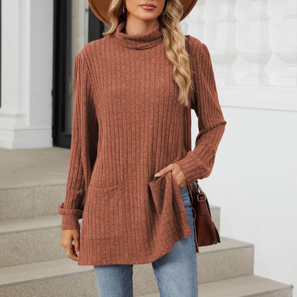 Women's Fashionable Solid Color Half High Neck Long Sleeved Wide Hem Slit T-shirt Top