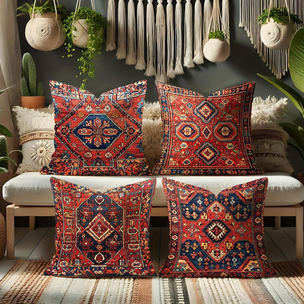 Exquisite Ethnic - Style Pillow Cover: Intricate Geometric Patterns In Vibrant Reds and Blues,Sofa Decoration Cushion Cover