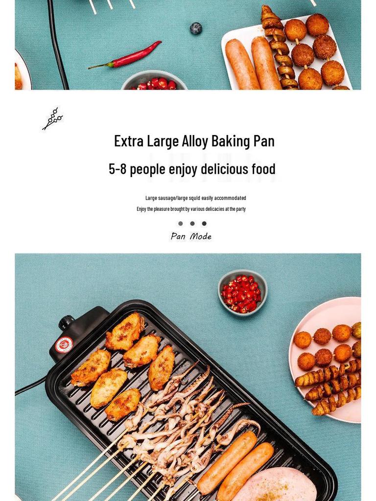 Multifunctional Electric Grill & Roaster with Non-stick Pan and Smokeless Griddle for Skewers and Sausages