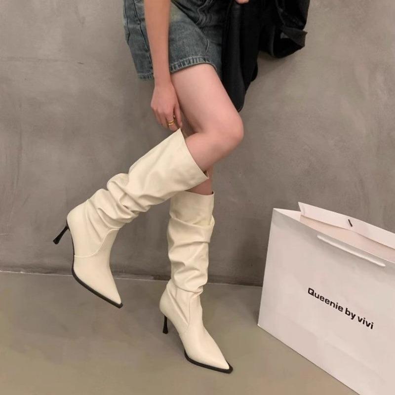 Мода 2024 Осень Новые женские сапоги с острым носком и плиссировкой Модные сапоги до колена на высоком каблуке