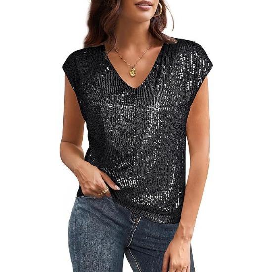 GMXIA Spring and Autumn Insert Rotator Sleeve Sequin Slim V-neck Solid Color Top T-shirt Woman