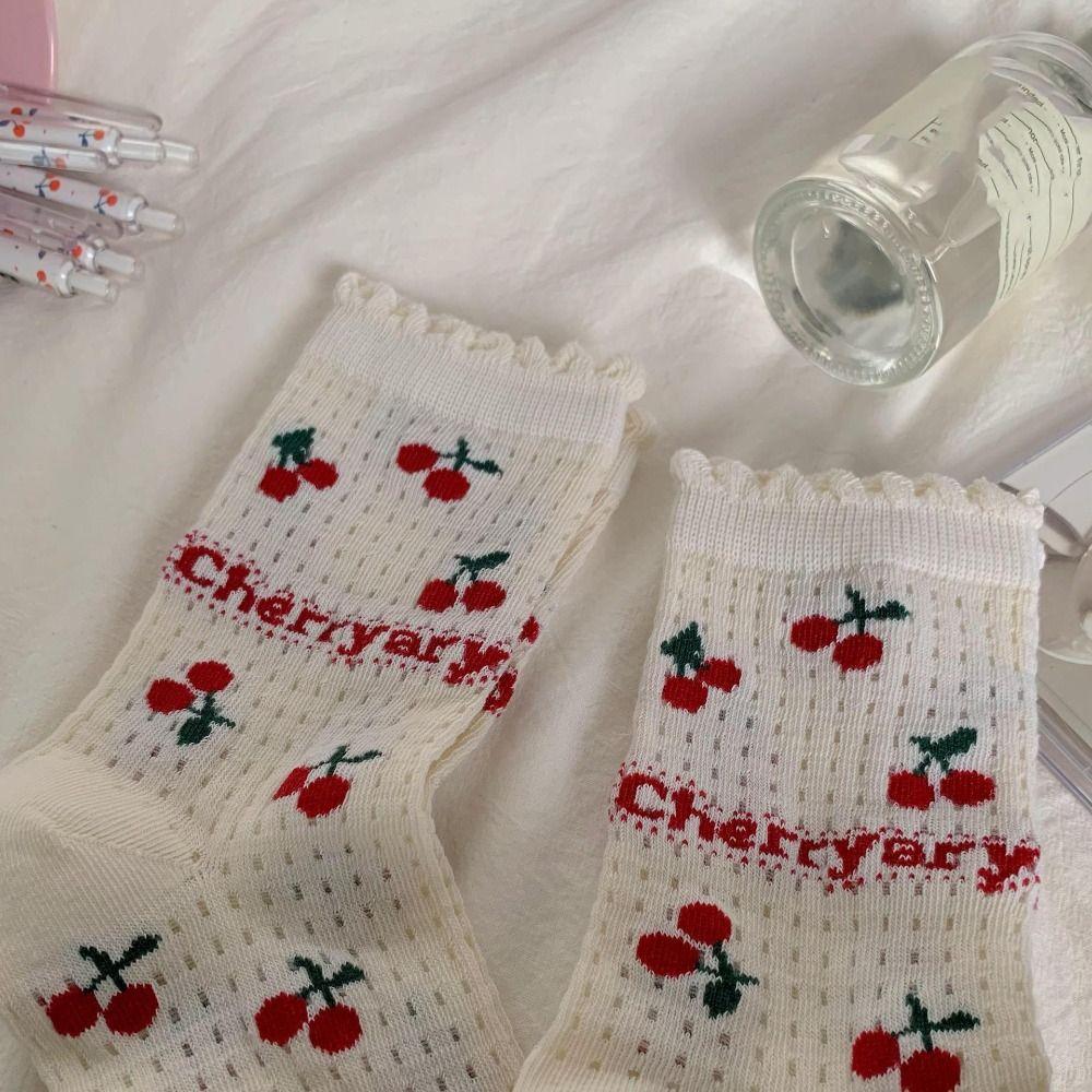 Hollow Out Cherry Short Socks Ruffle Summer Tube Socks Fashion Mesh Ankle Socks Streetwear