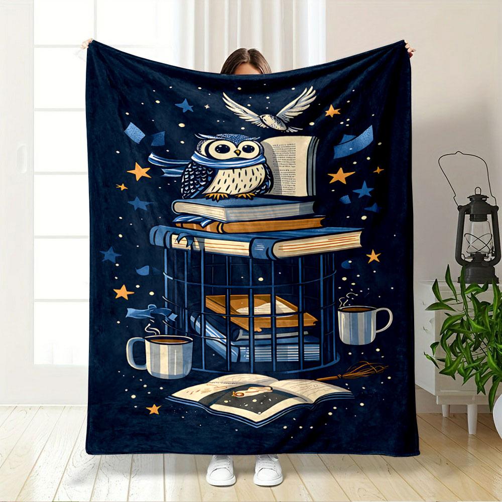 Owl and Books on Starry Night for all seasons blanket lunch break throw gift