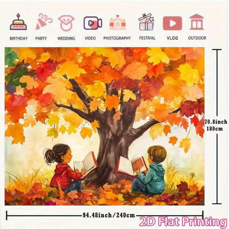 2D Autumn Reading Kids Backdrop, Fall Tree Book Scene Wall Hanging