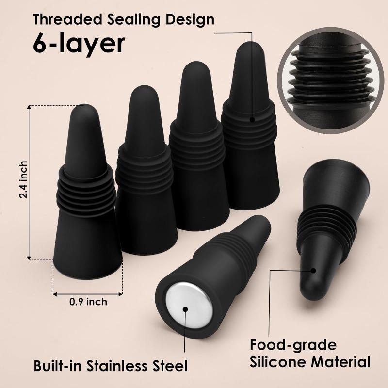 6PCS Black Silicone Wine Bottle Stopper with Threaded Seal Ring and StainlessTop Suitable for Wine Bottles 7