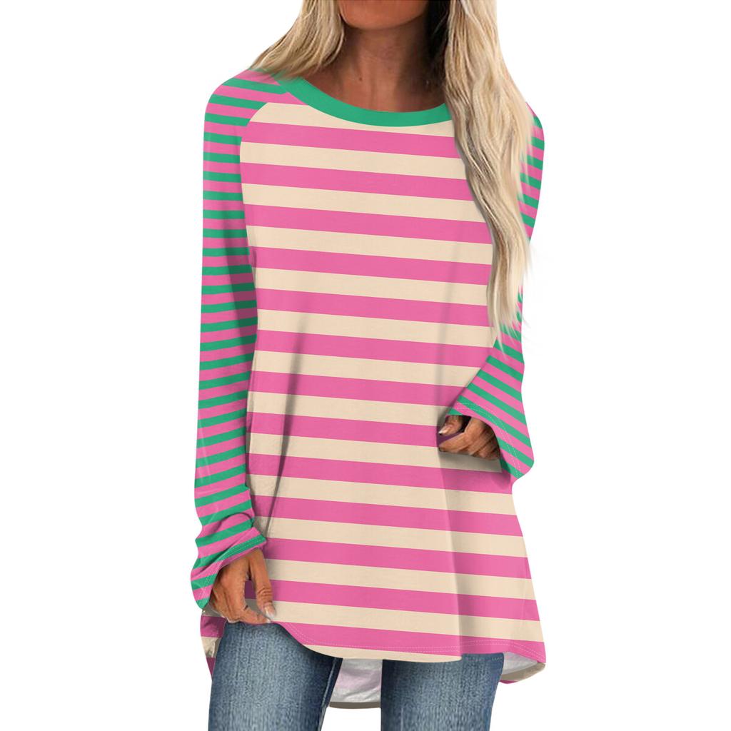 Женская мода повседневная спущенная линия плеча с длинным рукавом миди полосатый принт топ