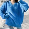 Y2K V-neck Mink Sweaters Women Knitted Pullovers Korean Loose Casual Thickened Warm Long Sleeve Tops High Street Knitwear