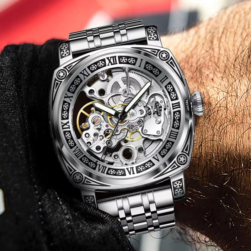 TEVISE Скелетон механические часы мужские винтажные гравированные автоматические механические наручные часы серебряный ремешок из нержавеющей стали
