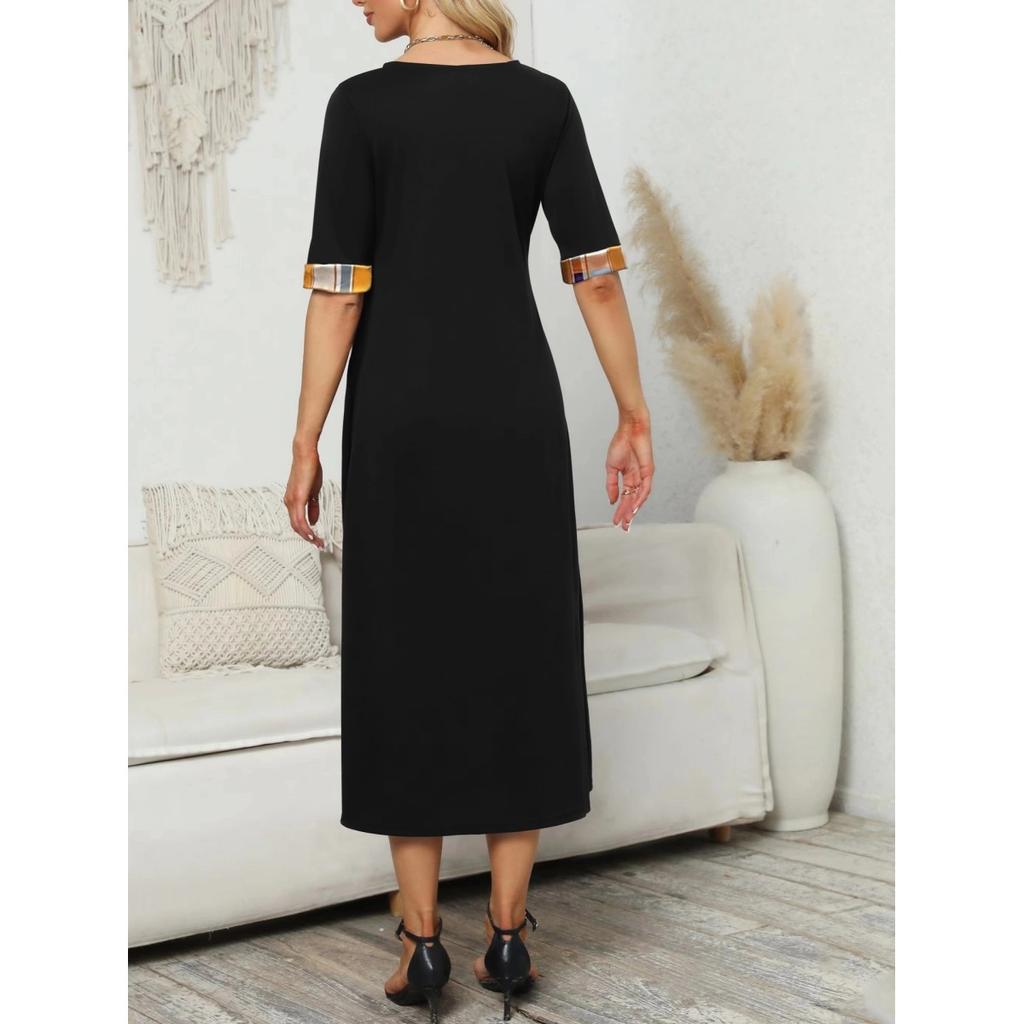 Женское винтажное длинное платье больших размеров со средним рукавом и круглым вырезом с принтом