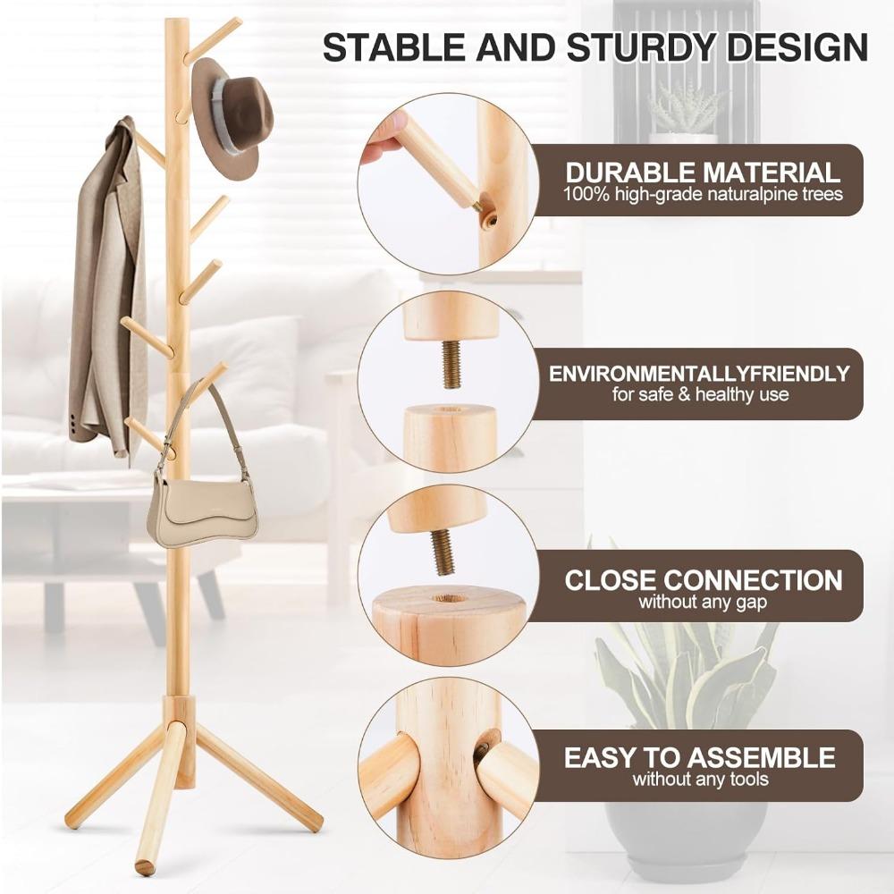 Вешалка для пальто, отдельно стоящая вешалка для пальто с 8 крючками и 3 регулируемыми по размеру вешалками для спальни, прихожей, офиса, шляп, пальто, шарфов, сумок