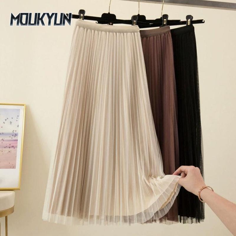 Elegant Women Tulle Skirt Korean Fashion Mesh Ladies Chic High Waist Party Pleated Skirts Faldas