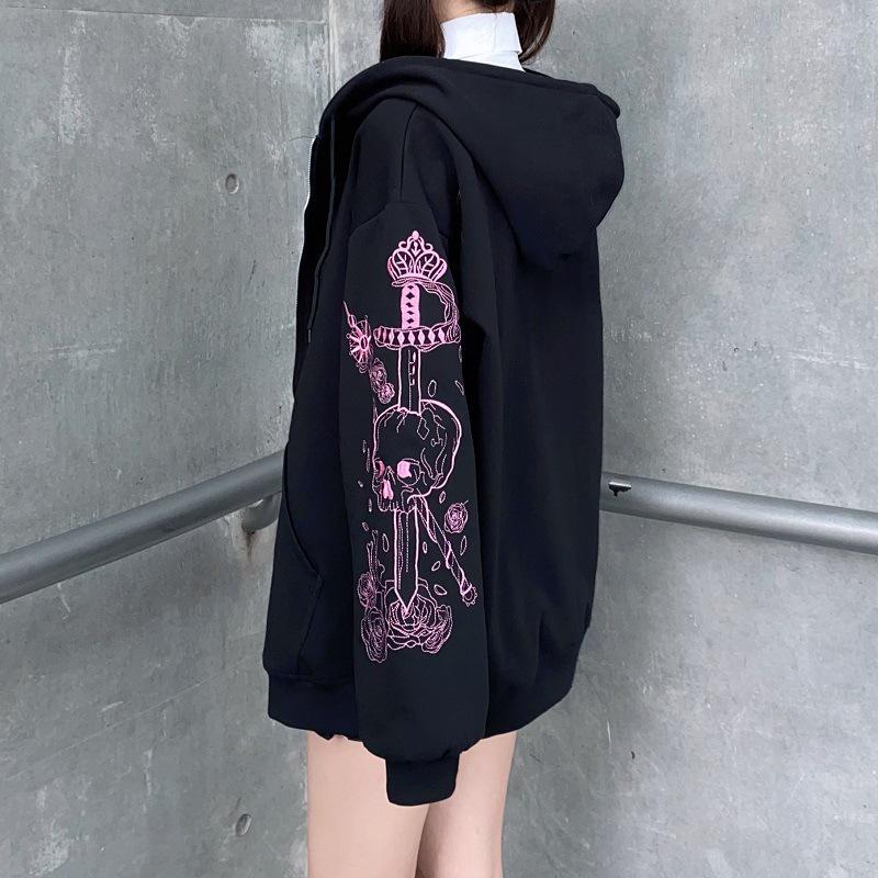 Retro Black Printed Zipper Hoodie: Women's Korean, European, & American Style Sweatshirt