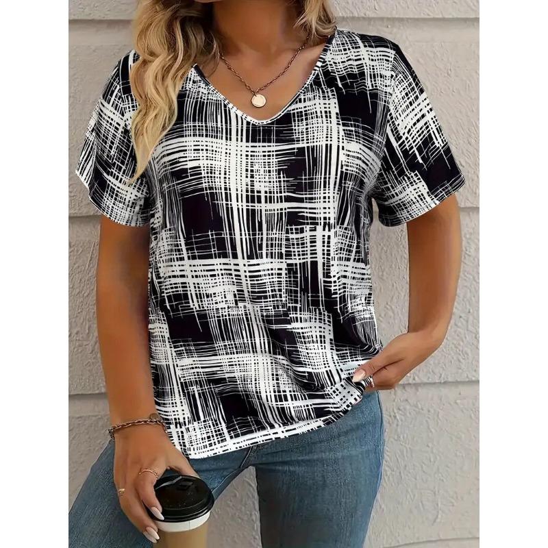Summer Women's T-Shirt Vintage Casual Plaid Printing Fashion V Neck Pullover Short Sleeve Printed Loose Daily Tops Large Size Design Clothe