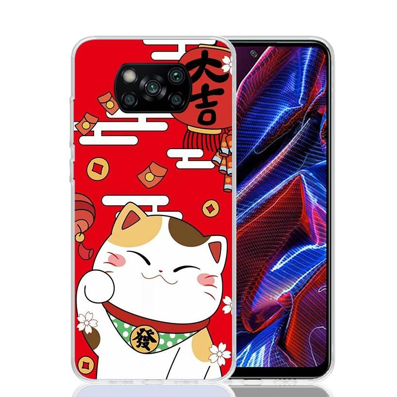 Счастливый Кот Манеки Неко Японский Чехол Для Телефона Для Xiaomi Poco X7 X6 X5 Pro F7 Ultra Redmi 15C 15 13 13C 12 12C 10 10A 10C 9 9A 9C 9T