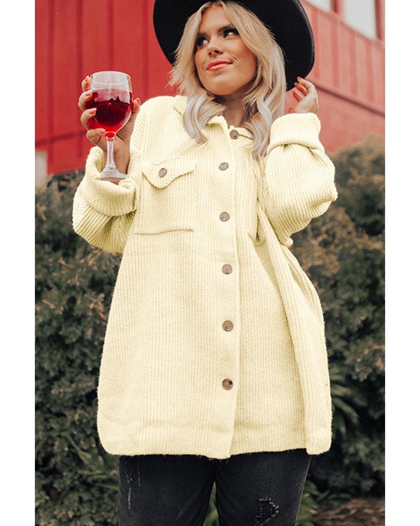 Azura Exchange Beige Plus Size Ribbed Flap Pocket Collared Knit Jacket