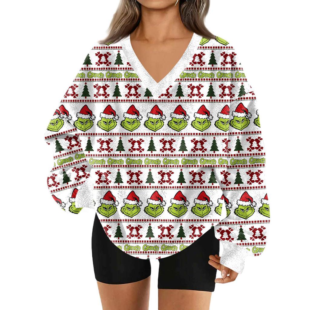 Women's Fashionable V-neck Christmas Printed Long Sleeved Casual Pullover Plush Warm Pocket Sweatshirt Top