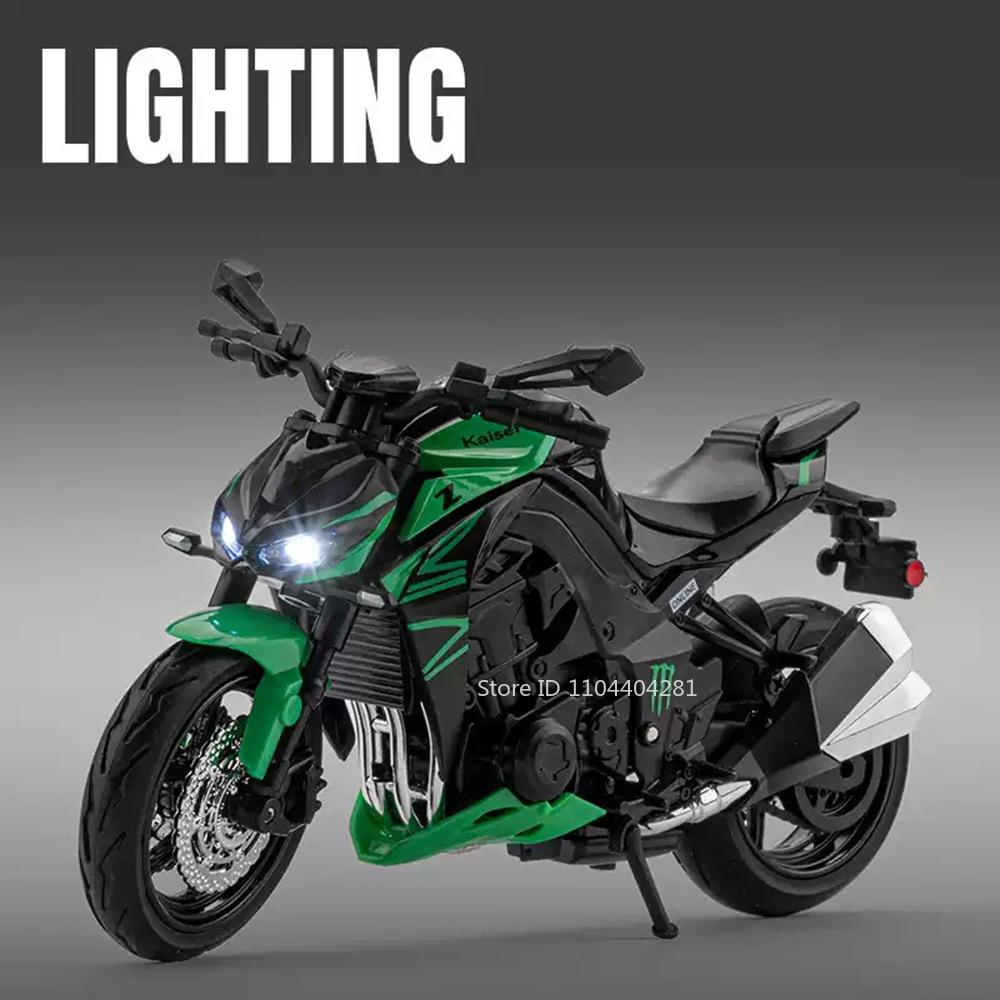 1:12 Модель мотоцикла из сплава Kawasaki Z1000 Zx-6r Литые игрушки Машина Рулевое управление передним колесом Звук Свет Транспортное средство Детские праздничные подарки