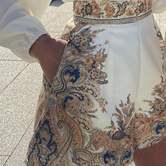 1 комплект, женский комплект с рубашкой и шортами, винтажный узор, водолазка с принтом, двухсекционный однобортный топ с длинными рукавами и карманами, офисные шорты