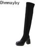Autumn Winter Street Style Stretch Over The Knee Boots Women Fashion Round Toe Square Platform Heels Long Booties