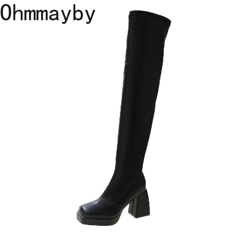 Autumn Winter Street Style Stretch Over The Knee Boots Women Fashion Round Toe Square Platform Heels Long Booties