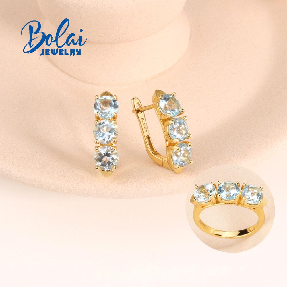 2023 Сердце стерлингового серебра 925 пробы Комплект ювелирных изделий Натуральный синий топаз Круглые серьги с застежкой 6 мм Кольца Классический дизайн для женщин подарок жене