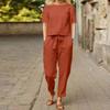 Women's Cotton Hemp Summer Set Short Sleeve O-Neck Oversized Top Wide Leg Pants Retro Set Home Clothes