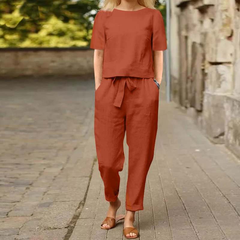 Women's Cotton Hemp Summer Set Short Sleeve O-Neck Oversized Top Wide Leg Pants Retro Set Home Clothes