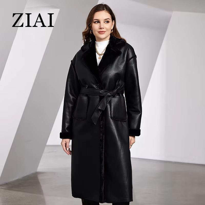 ziai 2024 Winter Faux Leather Jacket Women Long Warm Plush Fur Collar Padded Coat Fashion Pocket Cotton Female PU Parkas K18