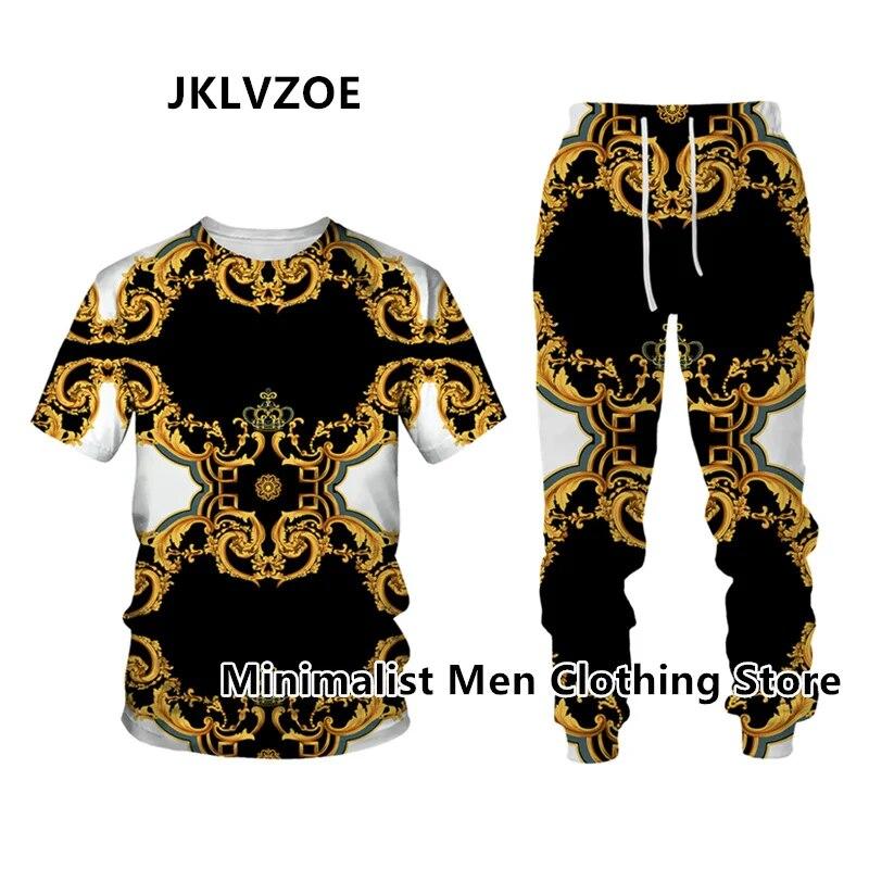 Мужской спортивный костюм, элитный бренд, футболка с коротким рукавом + длинные брюки, комплект из 2 предметов с золотистым 3D принтом, спортивная одежда для бега, повседневная уличная одежда