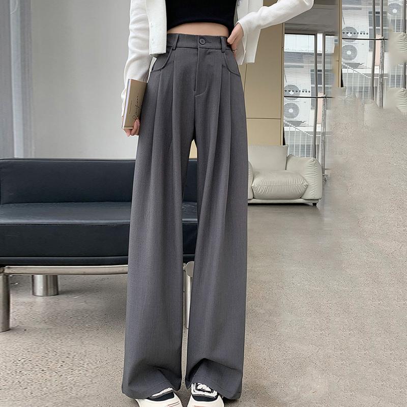 Модные новые женские прямые широкие брюки с высокой талией, простые офисные женские однотонные повседневные брюки, свободные элегантные облегающие женские брюки с карманами 25625