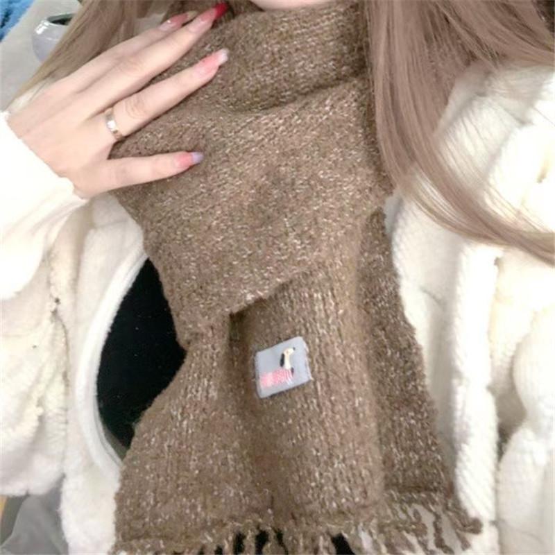 White Wool Knitted Tassel Woolen Scarf for Girls Winter New Versatile Warm Dog Logo Cute Scarf