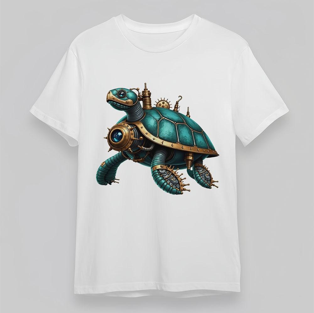 Men's Steampunk Cotton T-Shirt Turtle Turquoise Shell Gold Short Tee Oversize