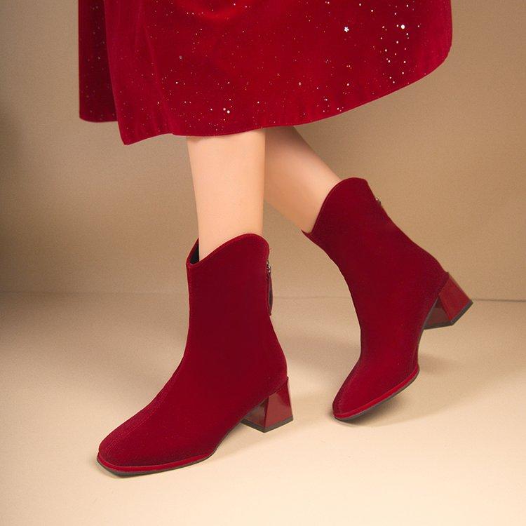 Ботильоны на толстом каблуке, черные, коричневые, флок, женские зимние туфли, элегантные, на высоком каблуке, с острым носком, короткие женские ботильоны